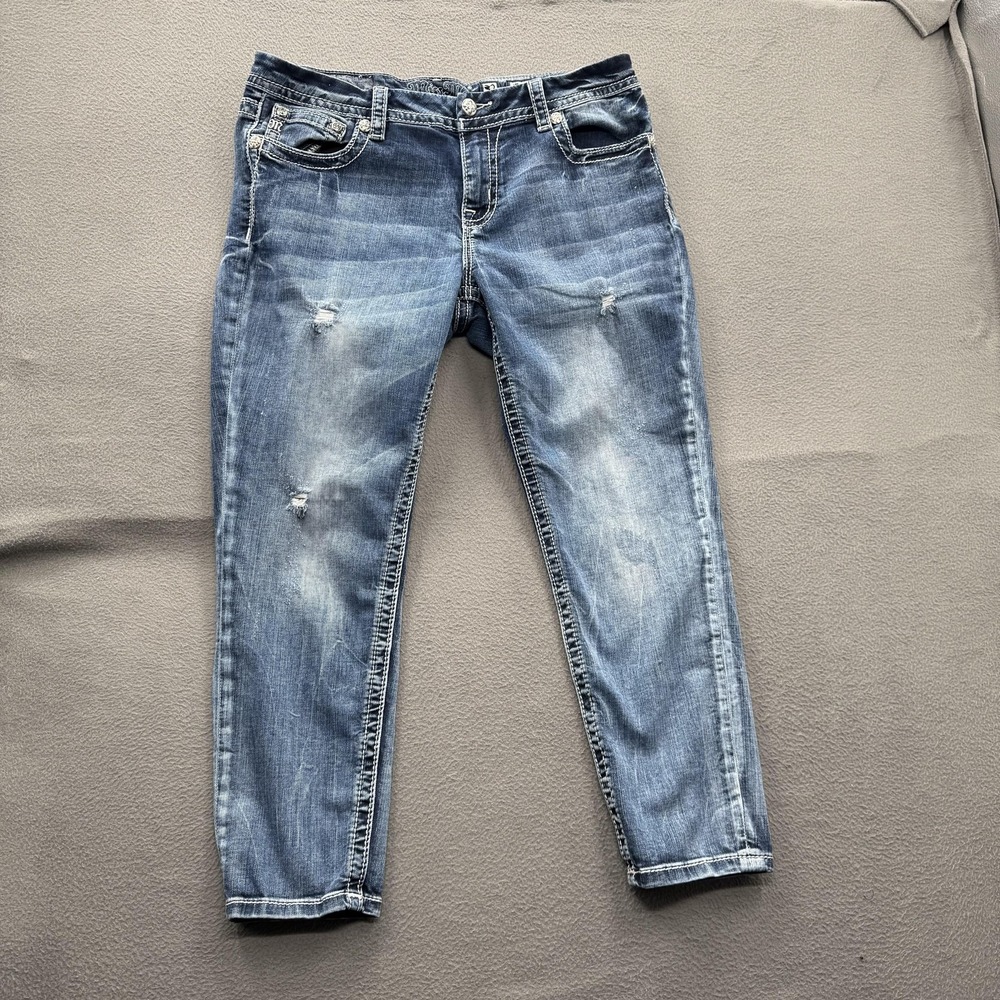 Miss Me Easy Crop Jeans Womens 32 Blue Med Wash Distressed Embroidered Denim